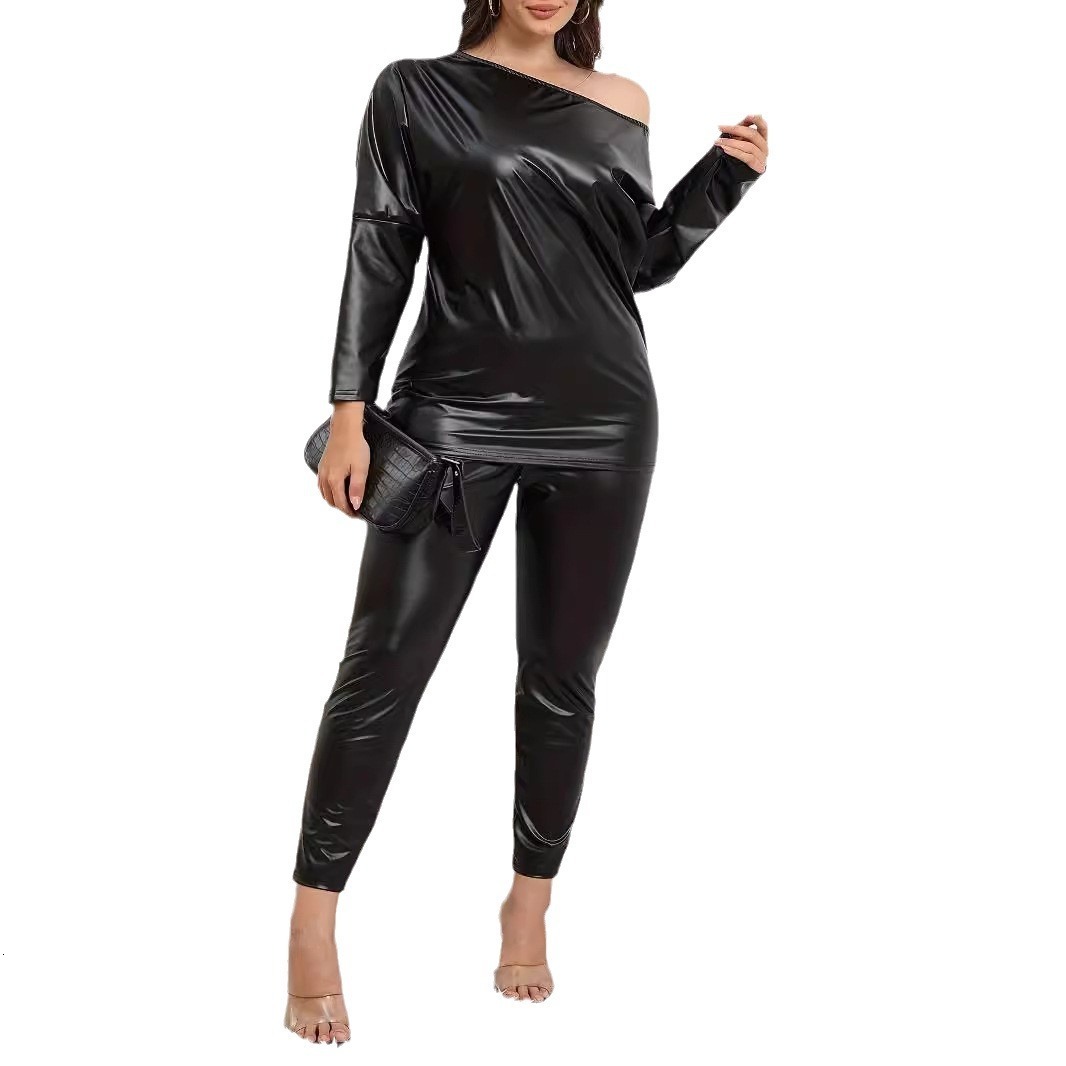 Plus Size Semi Formal Tops Casual Black Fall Winter Off The Shoulder Long Sleeve PU Leather Fashion Tops 240810