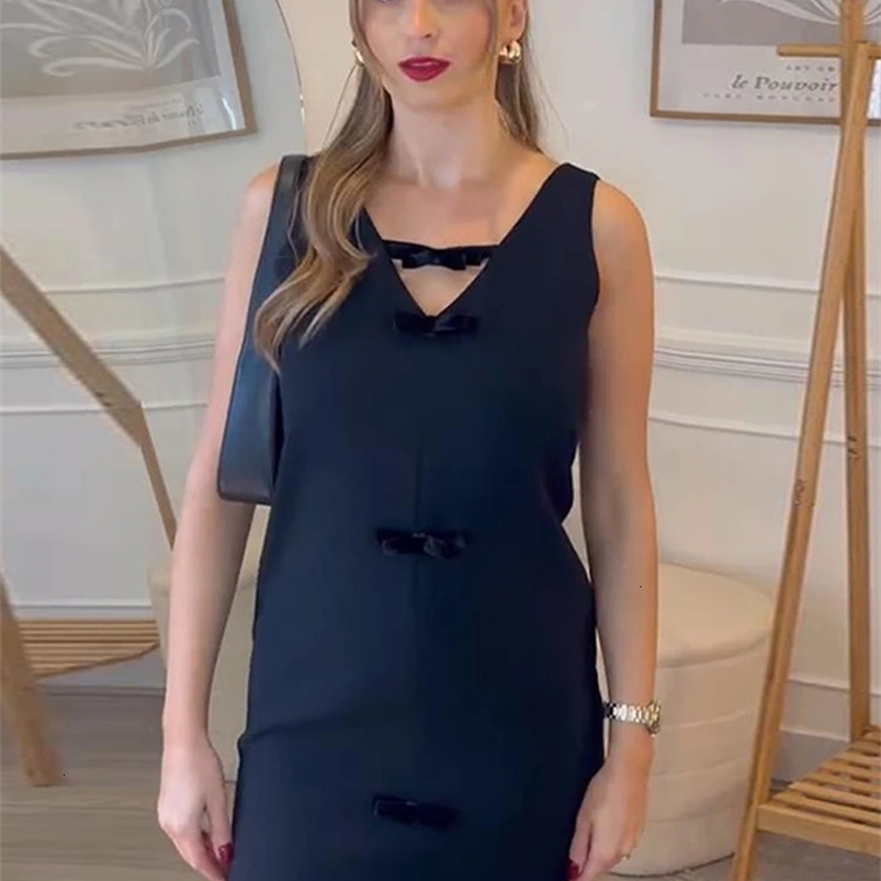 Fashion bow V-neck mini womens clothing 2025 elegant sleeveless A-line evening dress womens backless fashion party vest 250103