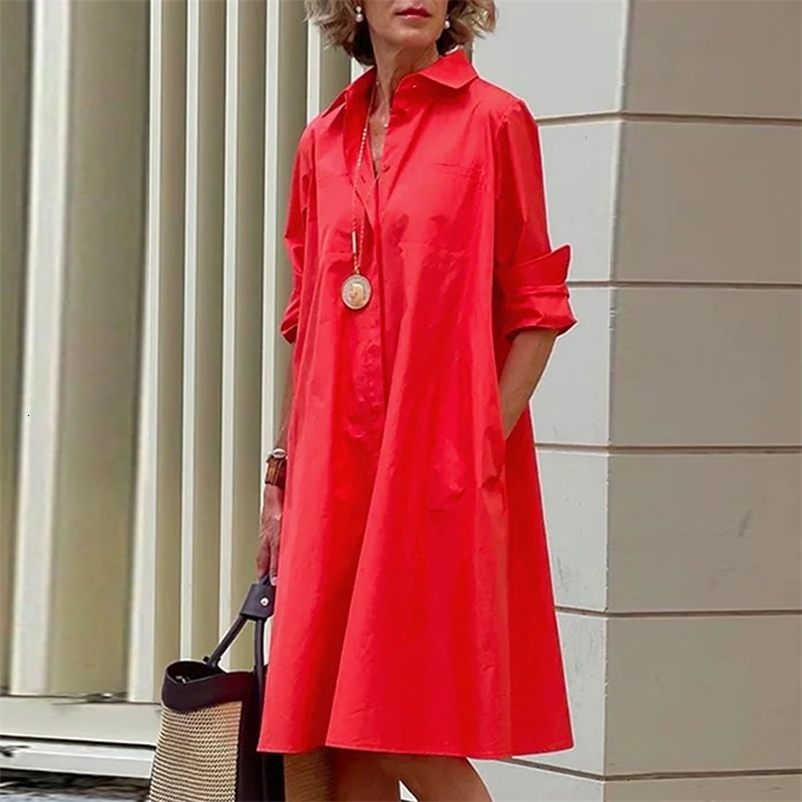 Casual Dresses Women Solid Shirt Dress Summer Fashion Casual Turn-down Collar Pocket Long Sleeve Midi Dresses Female Sexy Dot Dresses Vestidos 230316