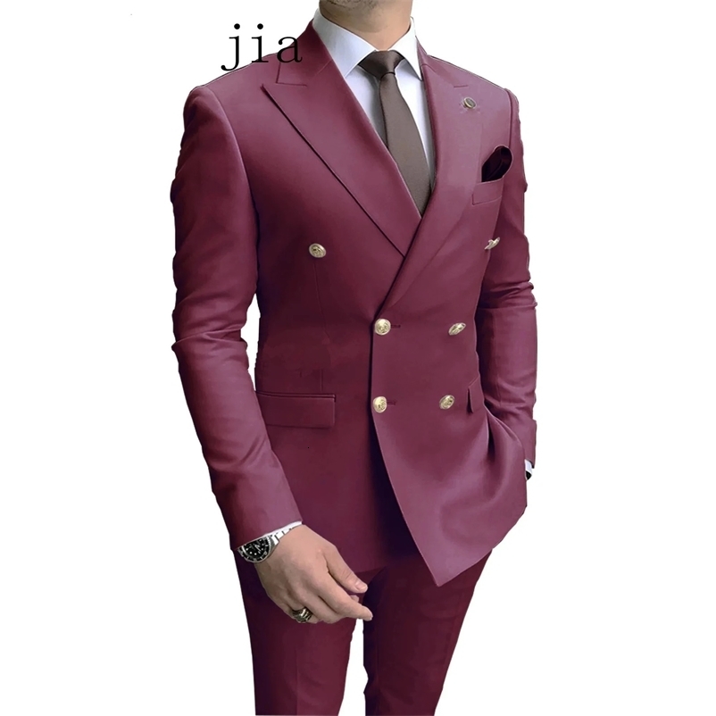 Casual Sky Blue Men Suits Double Brested Lapel Gold Button Groom Wedding Tuxedos 2 Pcs Blazers Jacket Pants Set 240518