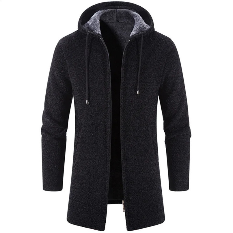 Winter Fleece Cardigan Men Thick Hooded Long Sweaterscoat Male Warm Knitted Sweater Jackets Causal Outwear Windbreaker 241217
