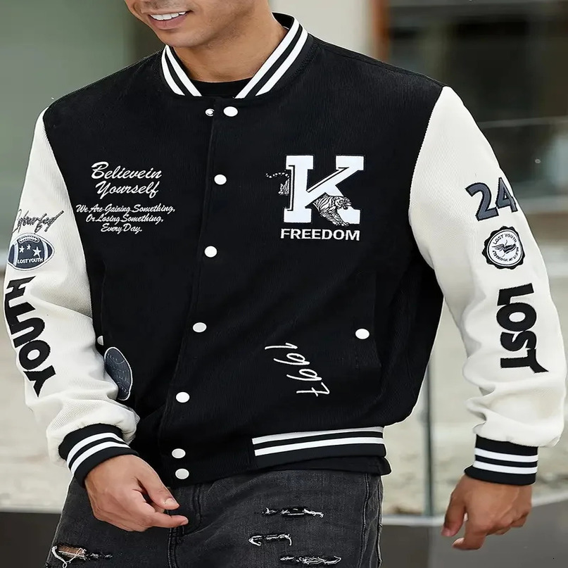 Mens Casual Letter Print Color Block Jacket Chic Button Up Baseball Collar Varsity 240712