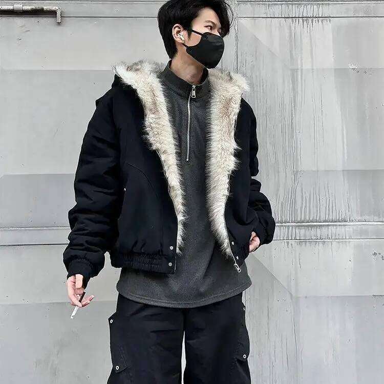 American Winter New Vintage Hipster Hooded Padded Coat Men Y2K Haruku Punk Hip Hop Pocket Casual Joker Cotton-padded Jacket