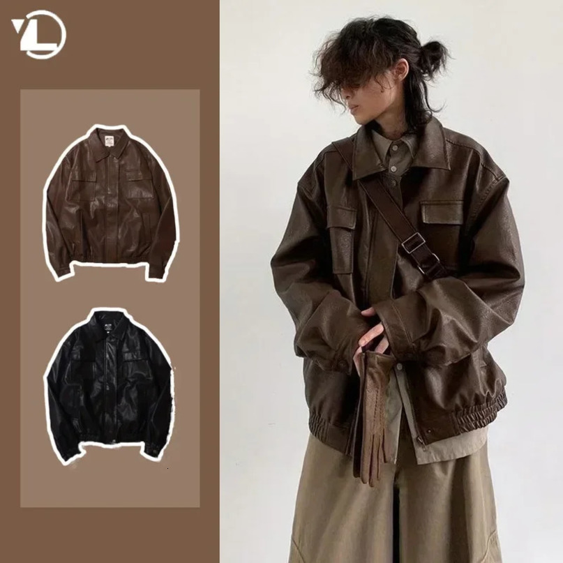 Motorcycle leather jacket mens bomber pilot retro loose Pu short jacket Japanese casual streetwear multi pocket trend jacket 241031