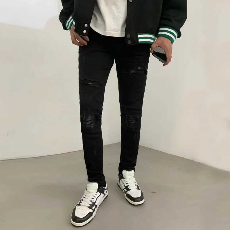 Fashion Designer Men Jeans High Quty Black Stretch Skinny Fit Leather Patched Ripped Jeans Men Y2K Brand Hip Hop Denim Pants X250924