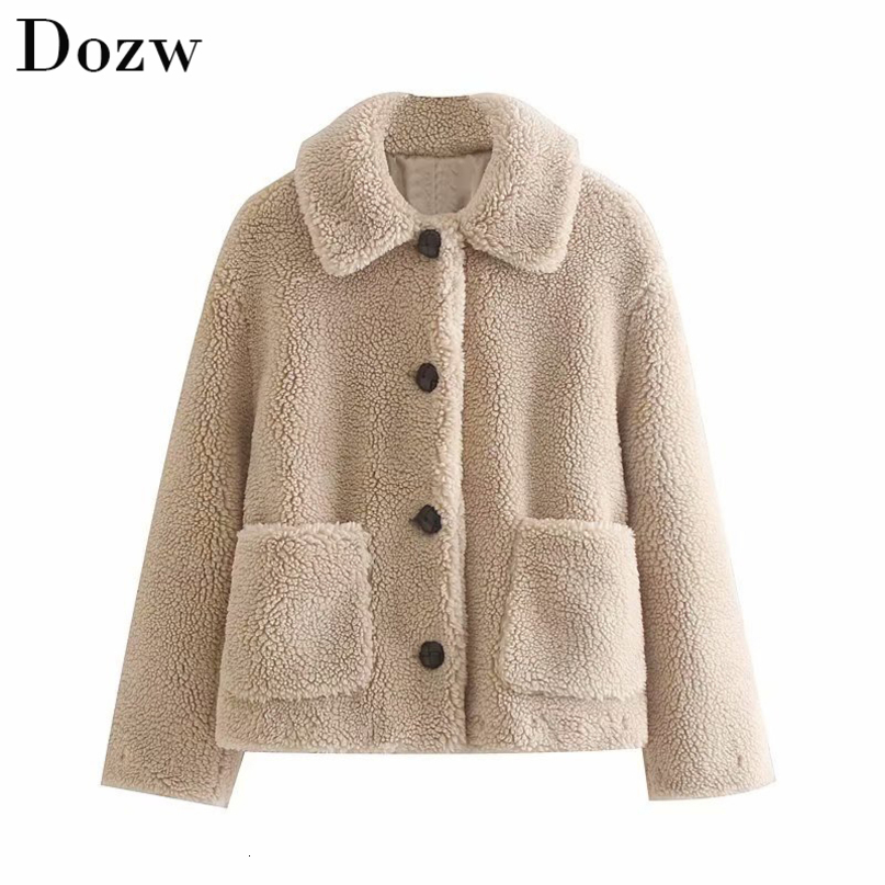 Casual Teddy Coat Women Winter Turn Down Collar Fashion Fur Jacket Solid Long Sleeve Plus Size Coats Outerwear Fourrure Femme 210414
