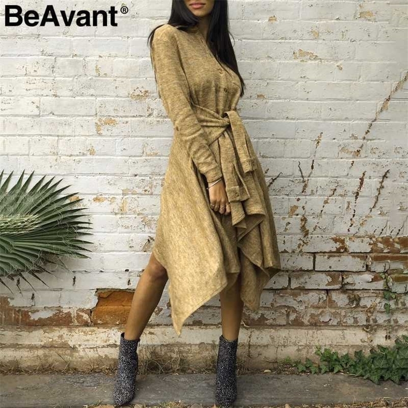 BeAvant Casual streetwear women shirt dress High waist sashes autumn female midi dresses Buttons office ladies winter vestidos 210709