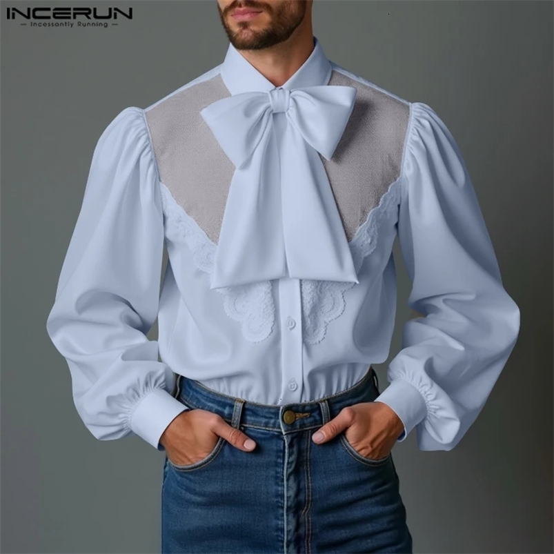 INCERUN Mens French Romance Bow Shirts Casual Loose Stand Collar Tops Handsome Fashion Lacing Splicing Patchwork Top Tunics 250207