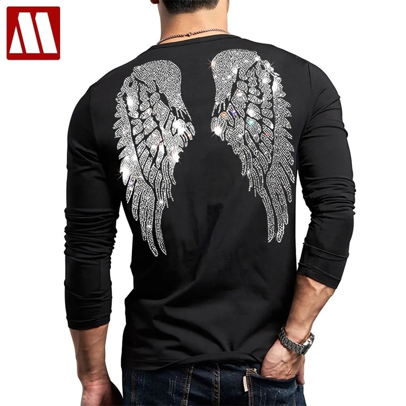 Neutral rhinestone wing printed T-shirt for mens street wear cotton Ins punk T-shirt direct oversized long sleeved clothing 250423
