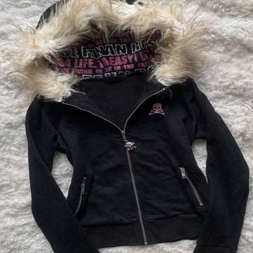 Y2K Black Fur Collar Zipper Sweatshirt Hoodie Sexy Women Harajuku Goth Letter Graphic Print Slim Coat Winter Clothes 250213