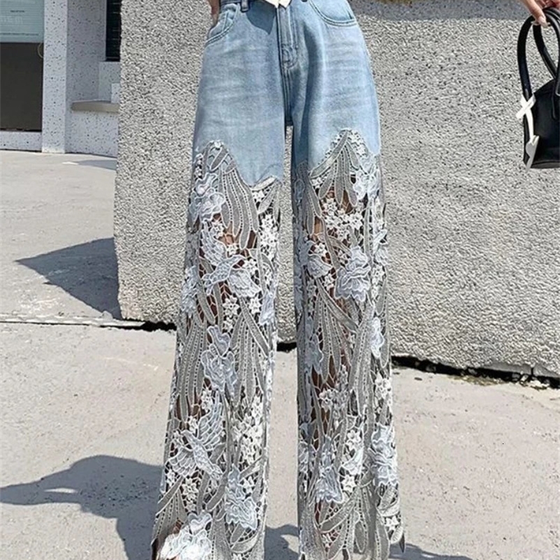 Fashion Elegant Jeans for Women High Waist Lace Patchworl Hollow Out Irregular Womens Casual Loose All Match Pants 250117