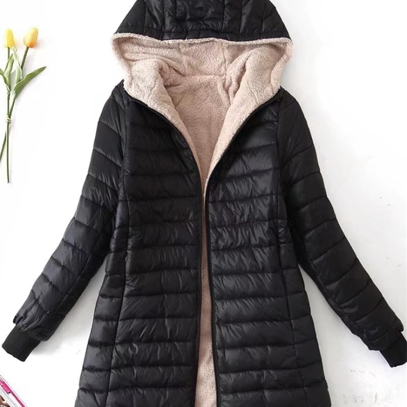 Women's Down Parkas Women's Jacket Winter Mid Length Korean Edition Hooded Fit Plus Fleece Cotton Coat Warm Lamb Fleece Parkas Winter Jacket