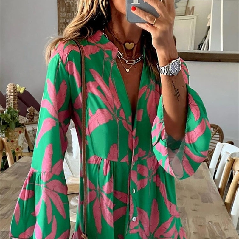 Casual Dresses Women Deep V Button Print Loose Beach Dress Fashion Flared Sleeve Pleated Midi Party Dress Summer Casual Street Pullover Dresses 230316