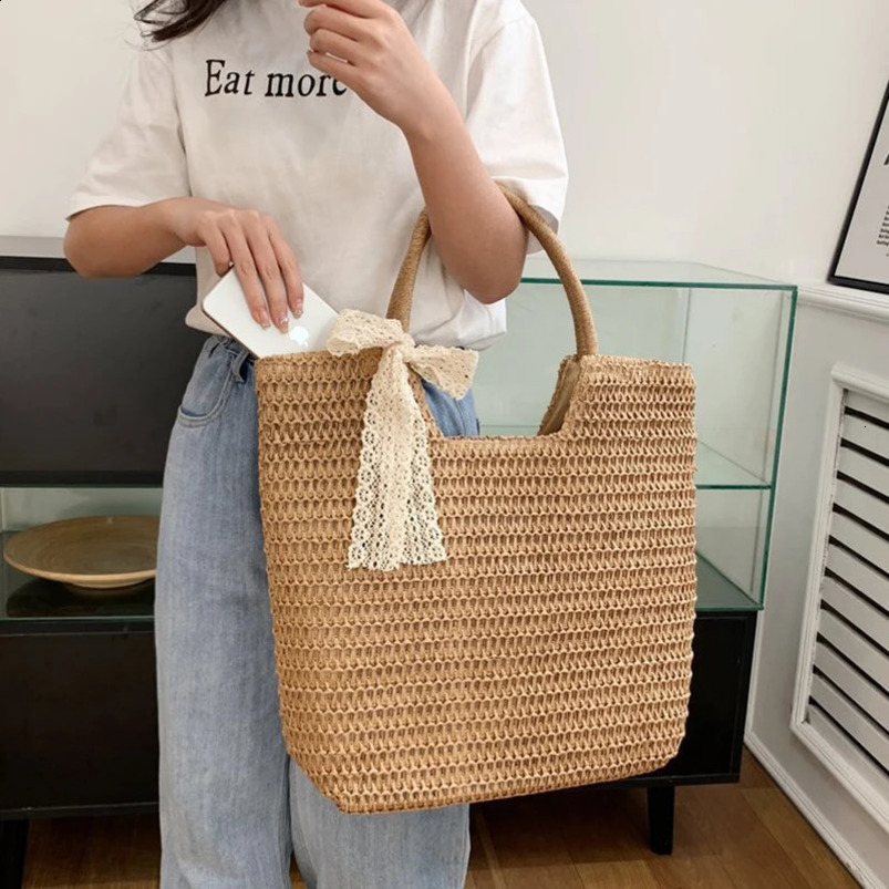 Fashion Large Capacity Shoulder Shopper Women Straw Woven Beach Bag Basket Handbag Bohemia Rattan Knitted Top Handle Bags 240723