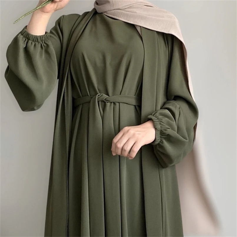 Abaya Suit Pleated Fabric Open AbayInside Long Gown Islamic Costume Muslim Womens Wear Kaftan Ramadan Eid 241111