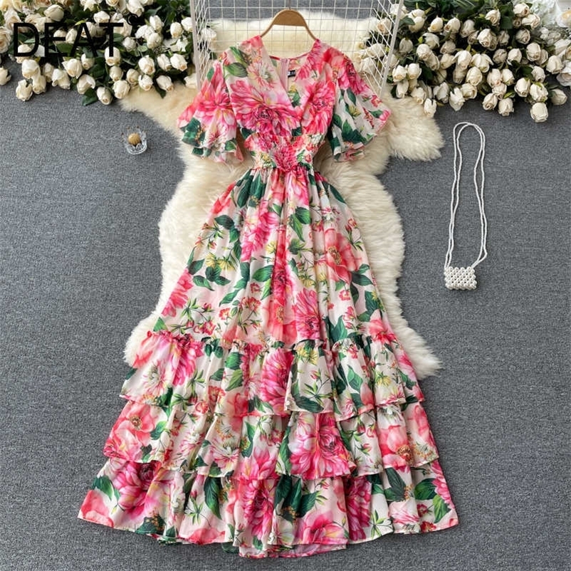 DEAT Women Printing Ruffles Midi-long Dress V-Neck Short Sleeve Arrivals Lady Temperament Fashion Spring Summer 11D607 210709