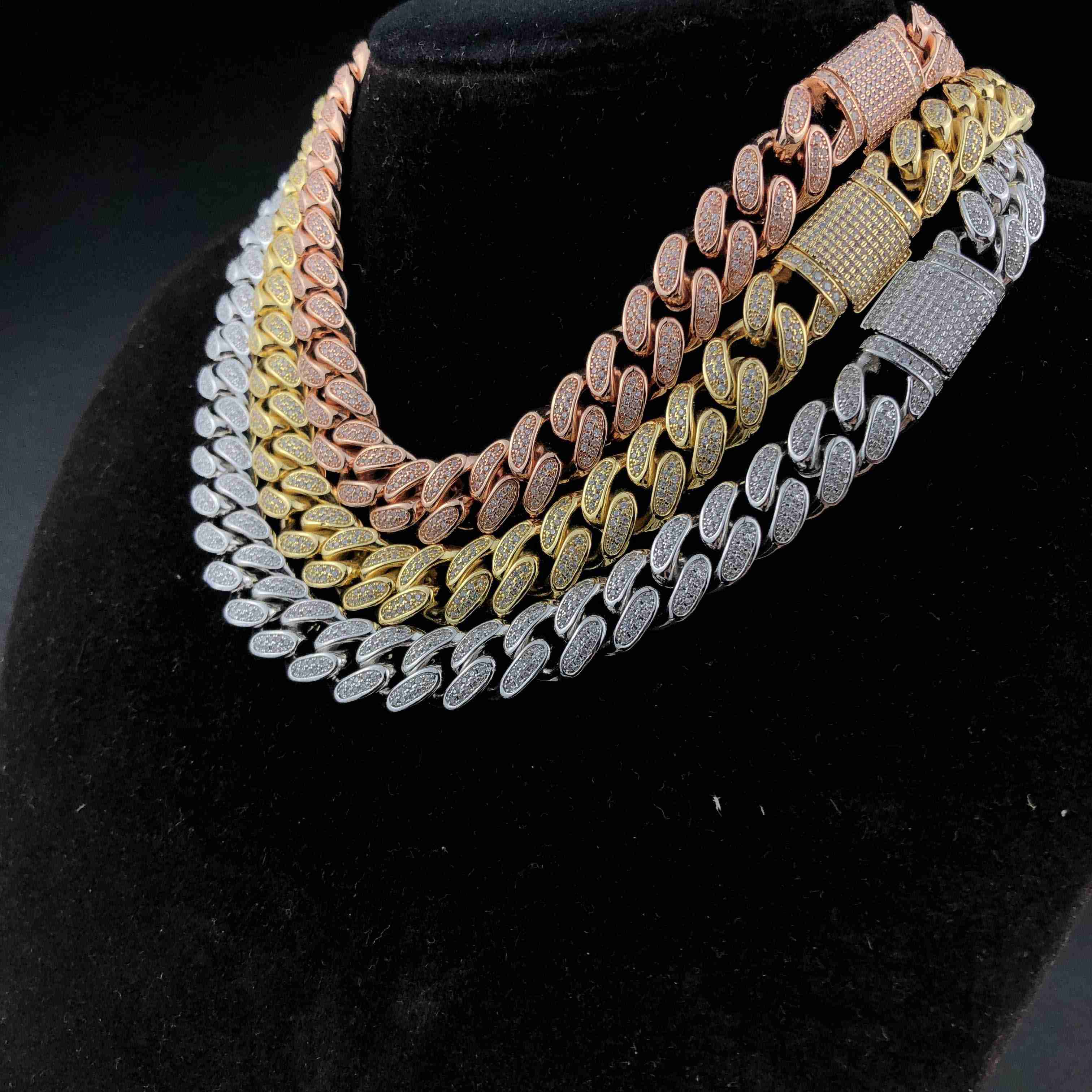 12mm Hip Hop Ice Out Big Box Buckle Cuban Chain Copper Moissanite Necklace in Yellow Gold and White Gold