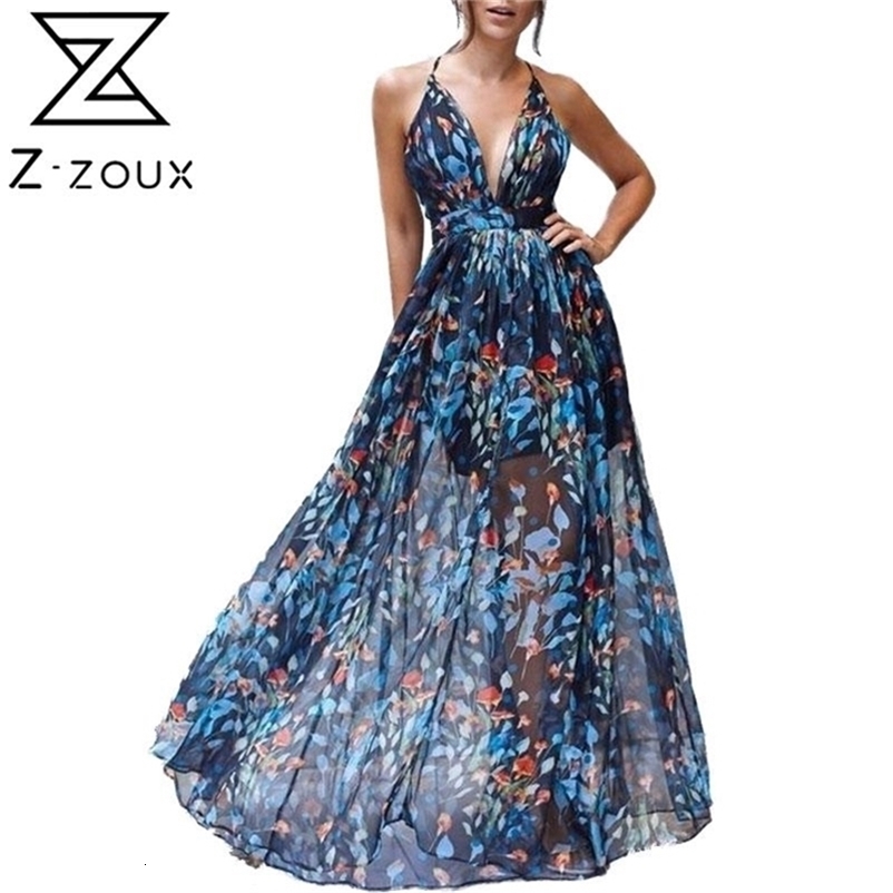 Women Dress Deep V Neck Backless Bohemia es Sexy Long Print Floral Maxi Spaghetti Strap es 210513