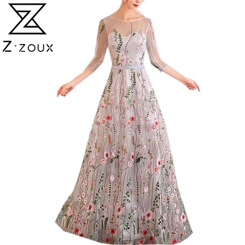 Women Dress Embroidered Large Hem Maxi es Temperament Party es Lace Spliced High Waist Vintage 210513