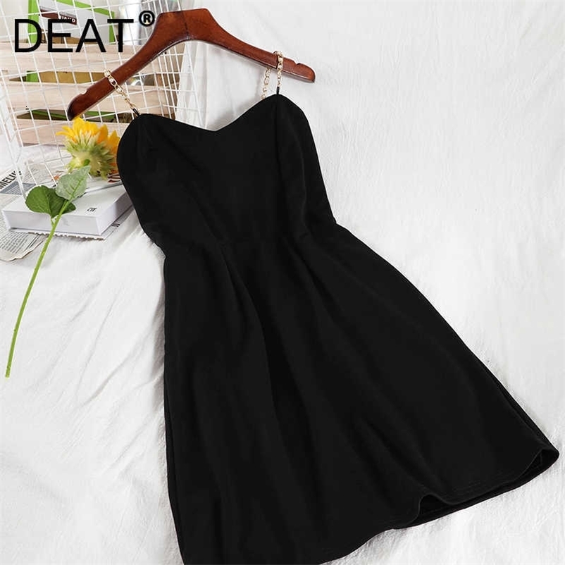 DEAT Women Slim Sling Dress Solid Color Sleeveless V-neck Backless Temperament Fashion Spring Summer MZ994 210709
