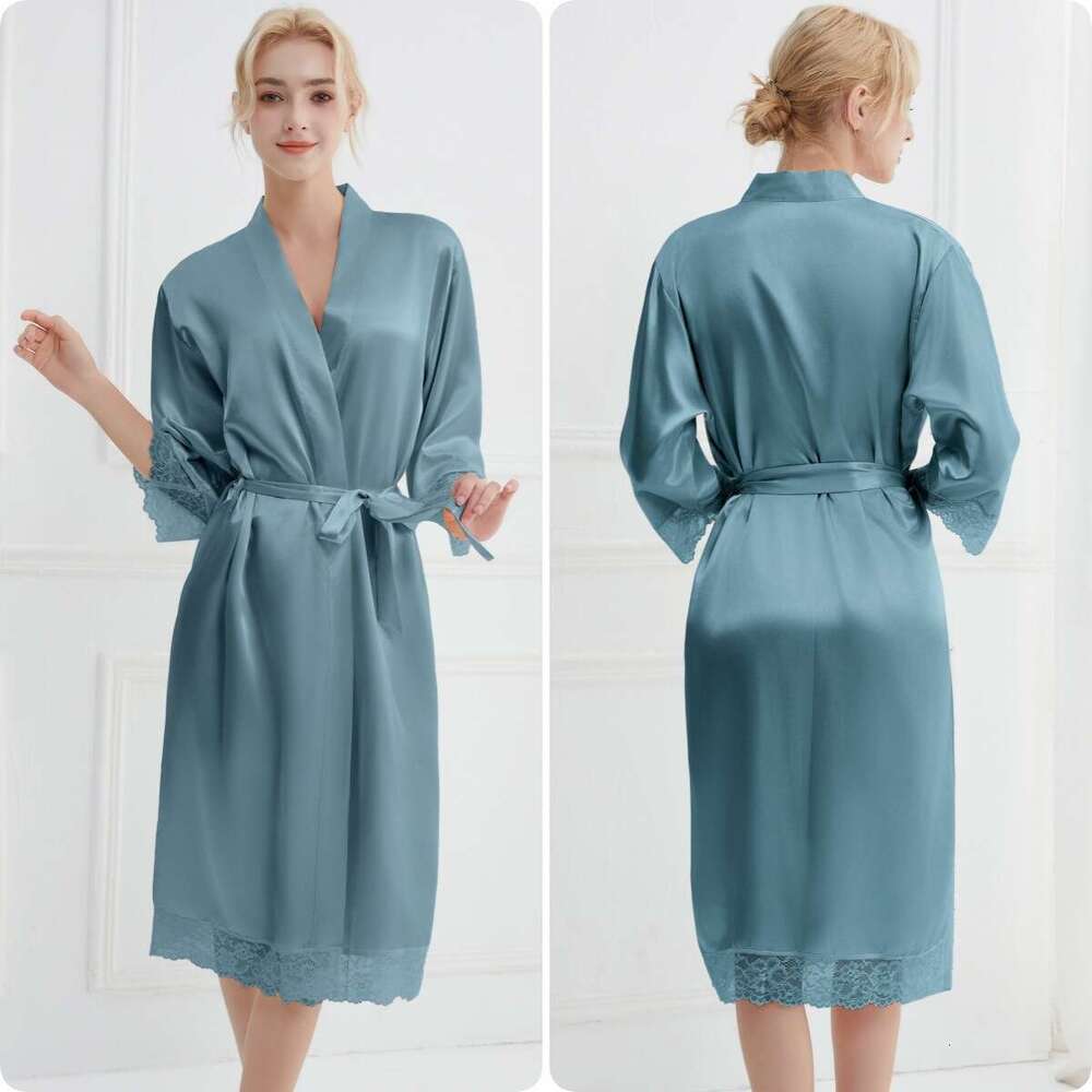 Lace trimmed high-end satin robe, solid color patchwork lace long sleepwear outer robe, luxurious and noble home wear, a must-have for elegant home we