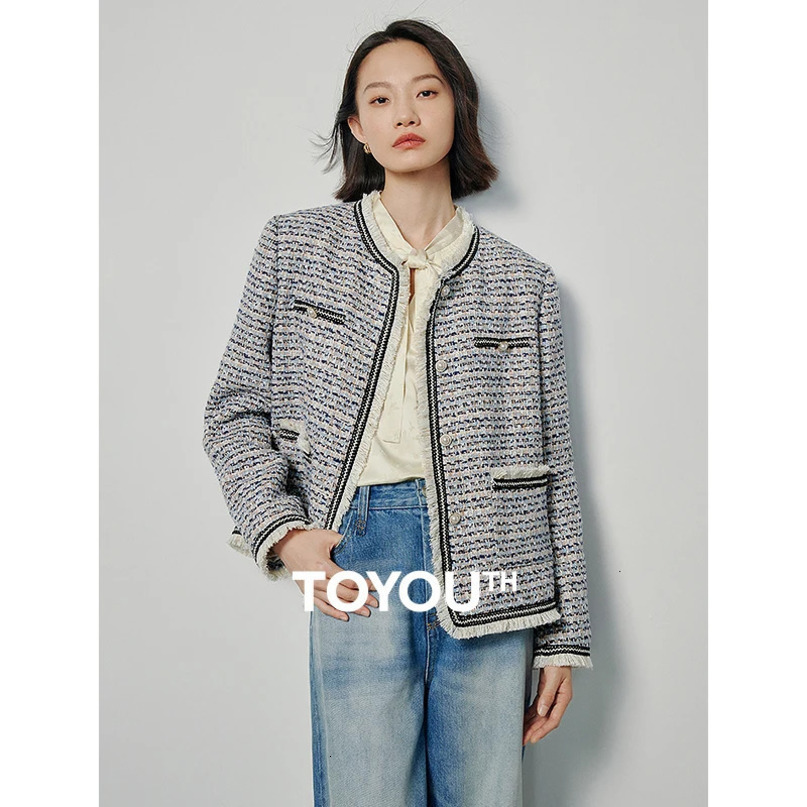 TOYOUTH Women Tweed Woolen Jacket Office Lady Outwear 240307