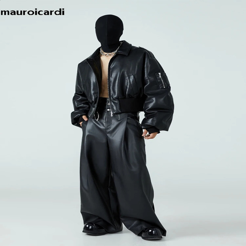 Mauroicardi Autumn Winter Short Thick Warm Black Pu Leather Jacket Men with Long Sleeve Zipper Casual y ner Clothes 241217