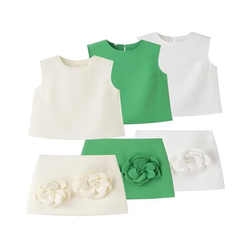 Aonibeier Y2K 3D Flowers Women Mini Skirt Suits Traf Summer Sleeveless Tanks Female Crop Top Extreme Short Sets 240428