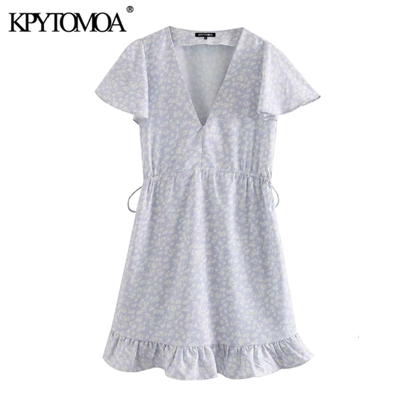Women Elegant Fashion Floral Print Ruffled Mini Dress Short Sleeve Adjustable Tied Female Dresses Vestidos 210420