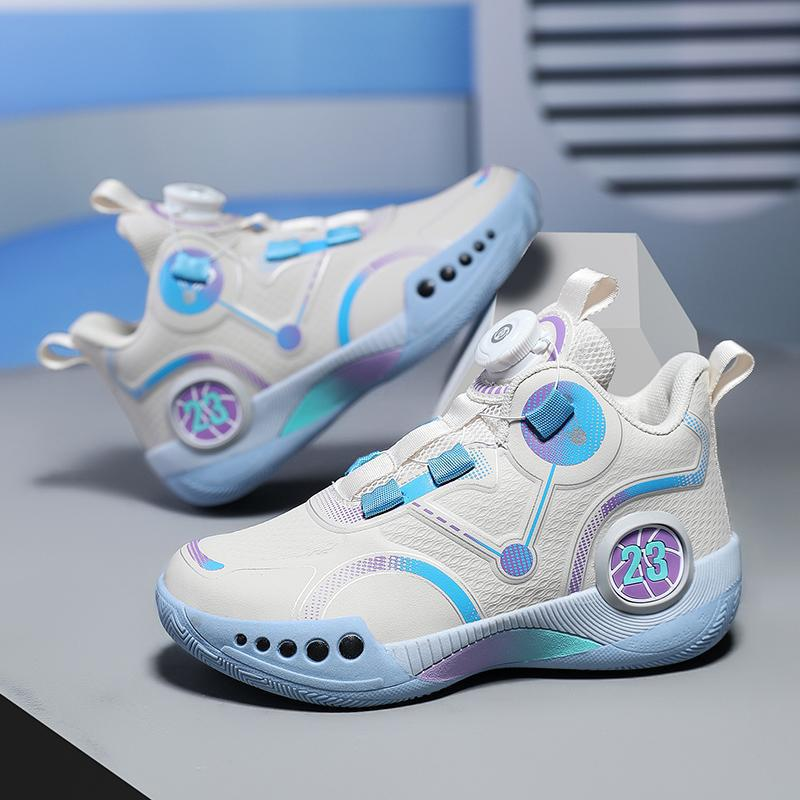 Free shipping children's boys' basketball shoes, autumn mid to large children's rotating button running shoes, wear-resistant and shock