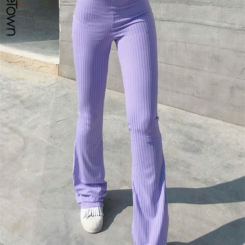 Women's Pants Capris Sweetown Purple Ribbed Joggers Women Knitted Flare Pants Slim High Waist Aesthetic Trousers Female Vintage 90s Sweatpants 23
