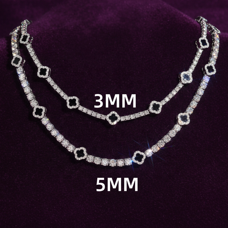 GRA 925 Solid Silver Tennis Chain 3mm 5mm Black Agate Clover Moissanite Tennis Chain Necklace Bracelet Fine Moissanite Jewelry