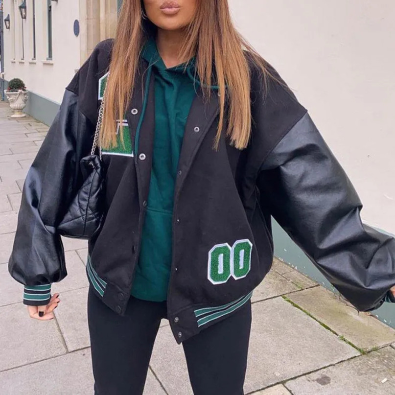 Women Oversized Y2K Bomber Jacket Casual Boyfriend Baseball Jackets Harajuku Long Sleeve Varsity Coat for Autumn Streetwear 250228