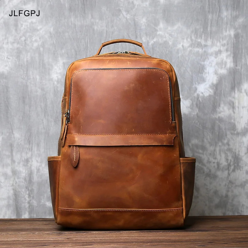 Mens standing leather backpack with retro classic top denim large capacity computer bag JLFGPJ 240820