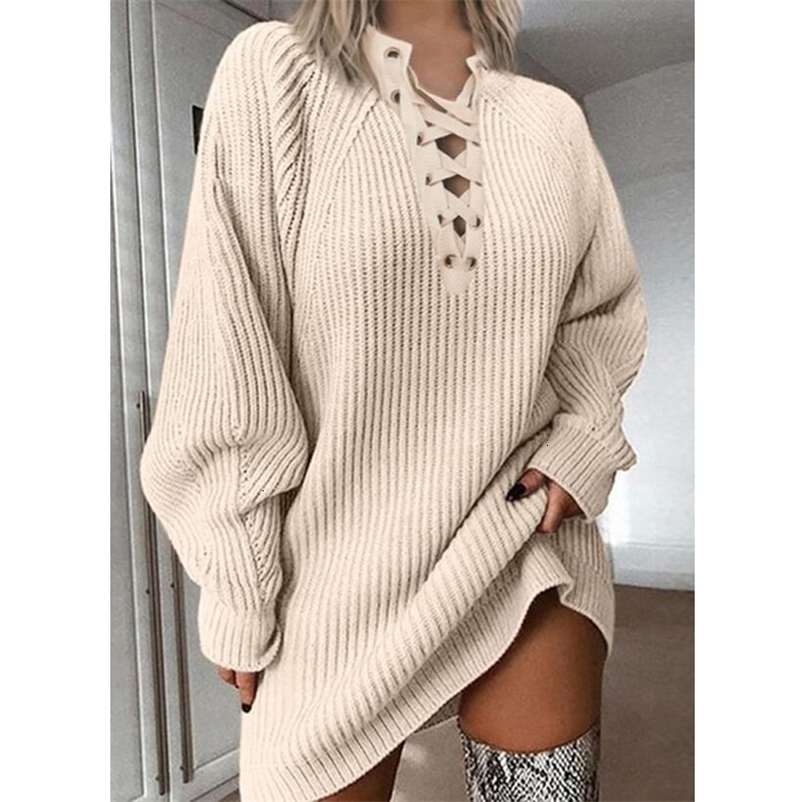 Casual Dresses Autumn Winter Sweater Dress Solid Color V Neck Lace Up Knitted Mini Dress Casual Loose Elegant Thick Warm Sweater Dresses 230316