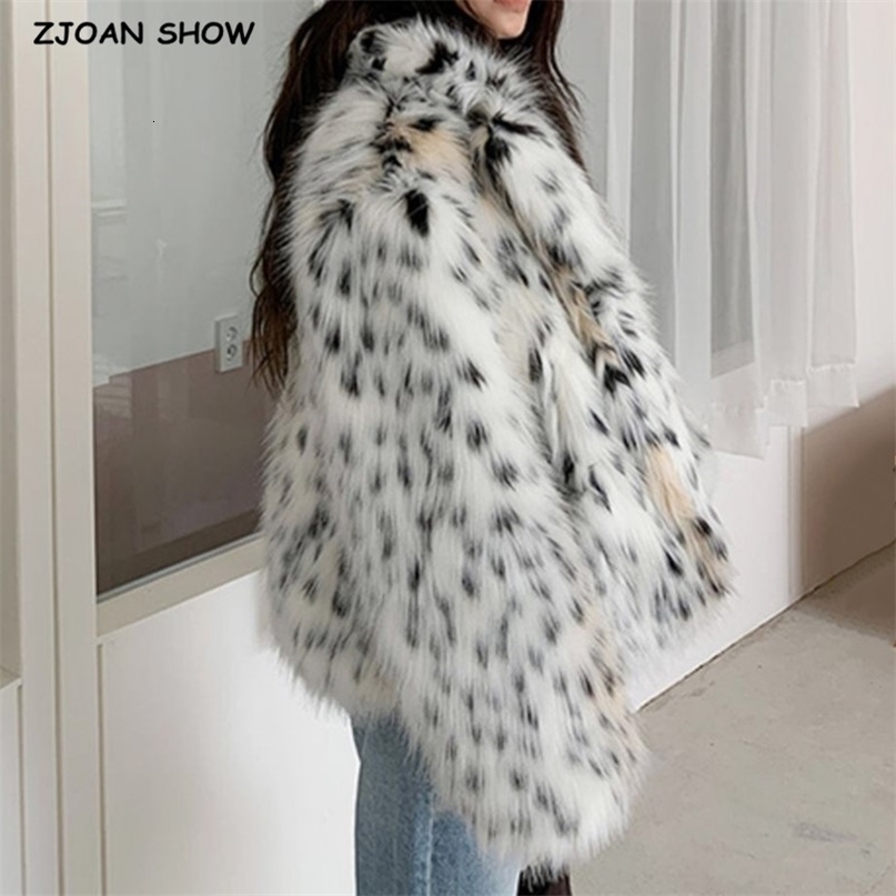 HIGH QUALITY Winter Notched Collar Hairy Shaggy Tuscan Cat Leopard Fur Jacket Long sleeve Furry Fur Women Jacket Short Outerwear 211123