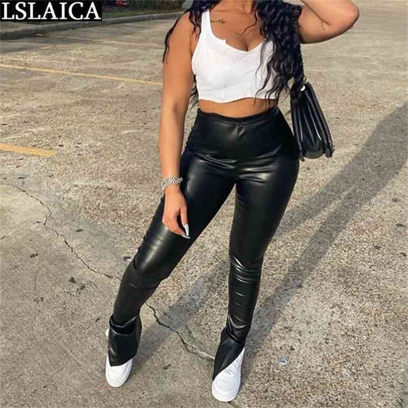Leather Pants Streetwear Women Fashion Mid Waist Plus Size PU Flare Sexy Skinny Full Length Trousers Autumn Pantalones 210515