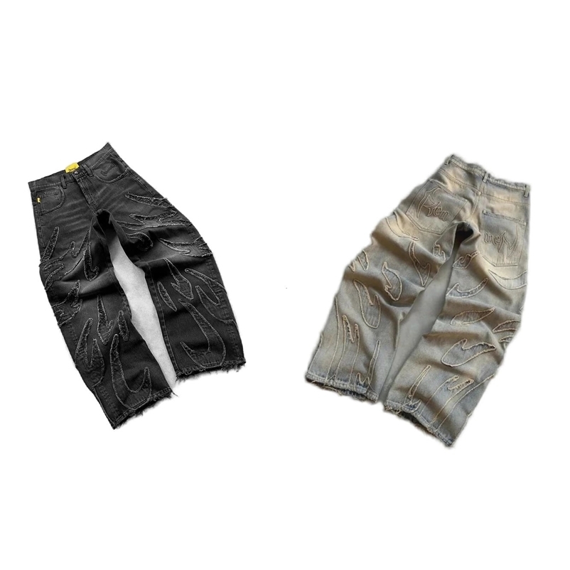 Selling Ripped Raw Edge Embroidered Denim Trousers Retro Harajuku Baggy Jeans Y2k Men Women Hip Hop Punk Casual Pants 240429