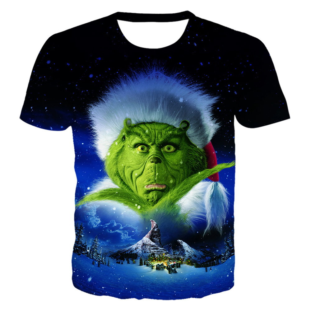 New Flat Fabric Top 3D Digital Print Green Monster Grinch T-Shirt Youth Short Sleeve Men's Shirt