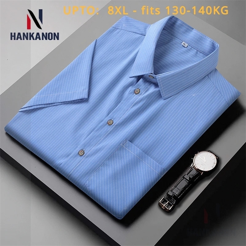 Size XL-8XL Summer Plus Size Mens Striped Short Sleeve Shirt Stretch Half Sleeve Business Daily Shirt8XL-fits 145kg 240530