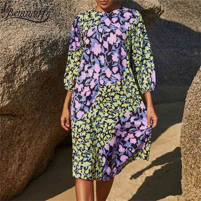 O-Neck Boho Print Loose Casual Dresses Womens Fashion Summer Holiday Style 3/4 Sleeve Knee Length Dress 210510