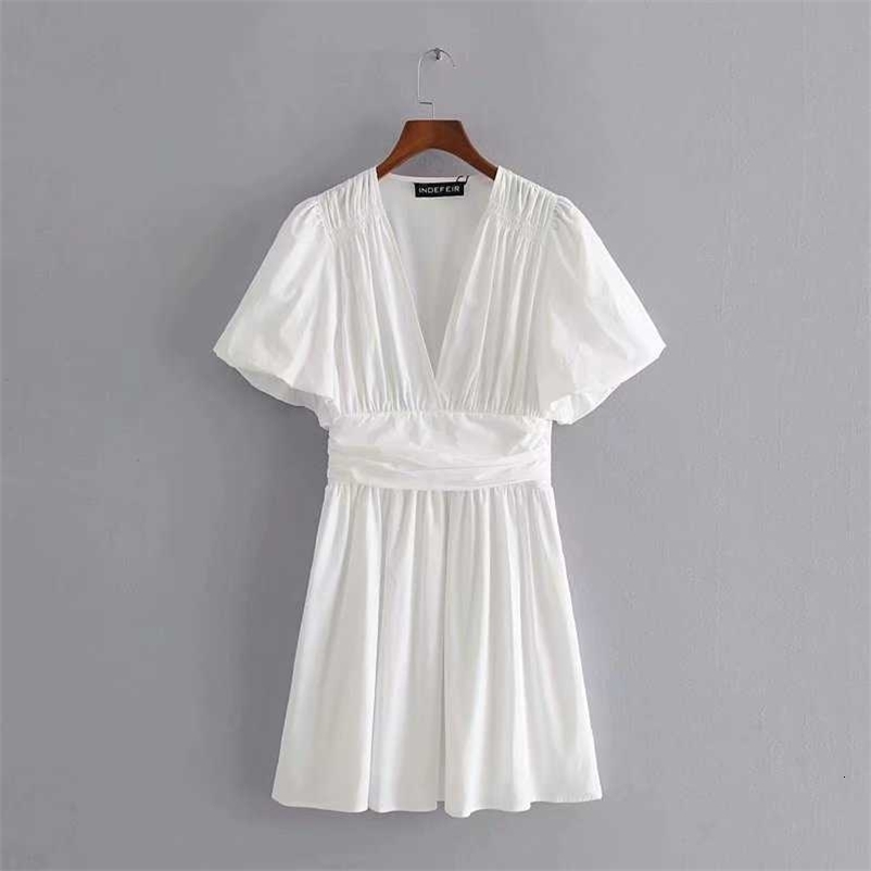 Summer Women Dress V-neck Puff Sleeves Elastic Waist elegant Casual Fashion Chic Lady Woman Pleated Short Dress 210709