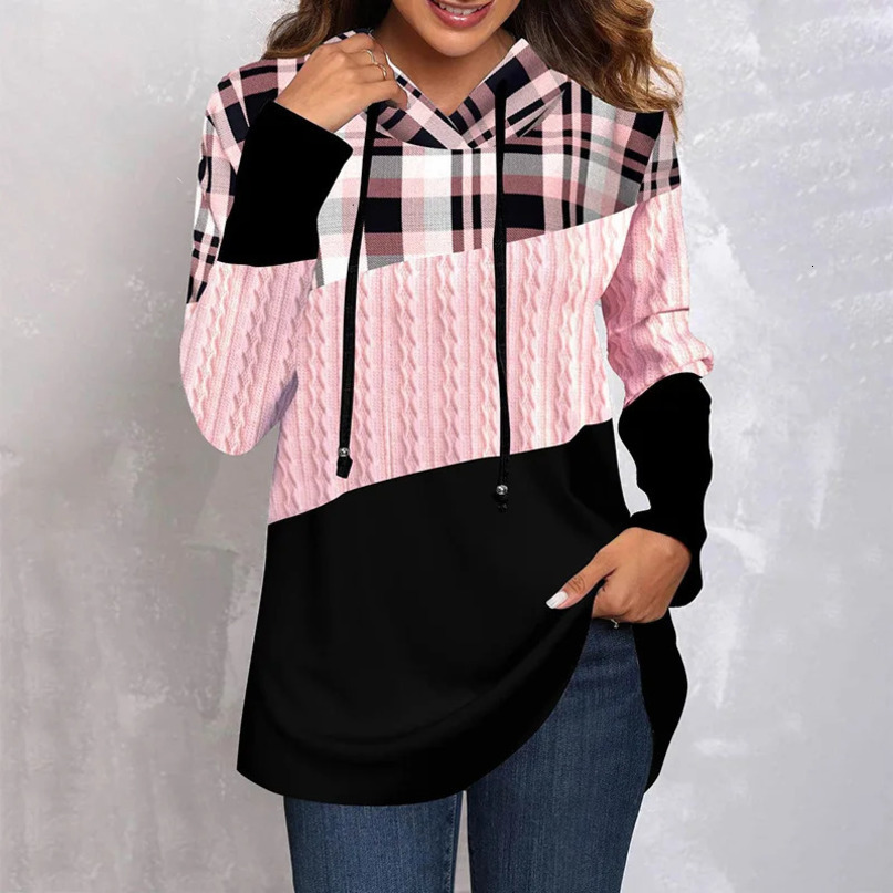 Women Plaid Print Hooded Sweatshirts Spring Autumn Hoodie Long Sleeve Pullover Tops Ladies Casual Drawstring Contrast Outwears 240318