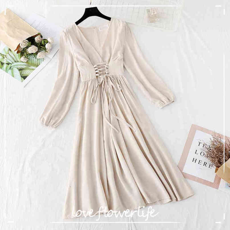 Solid Vintage V-neck Bandage Dress Spring Elegant Slim Party Women Dress High Waist Long Sleeve A-line Dress Midi Vestidos 210521