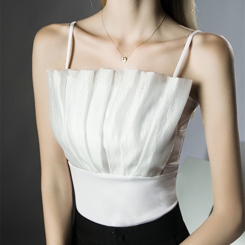 Camisoles Tanks Girls Elegant Camisole Tops Women's Pleated Tube Top Short Tanks Female Folds Stretchy Fashion Camis 230420