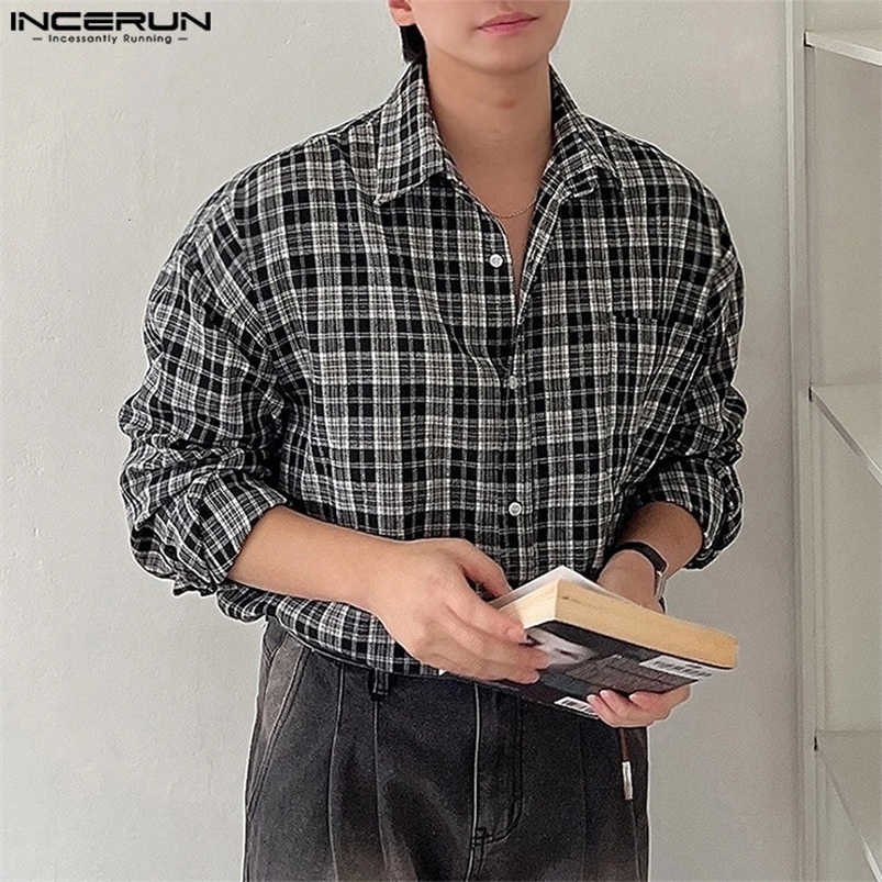Korean Harajuku Handsome Men Shirts INCERUN Casual Long Sleeve Plaid Splicing Turn Down Collar Tops Loose Bottuns Blouses 250207