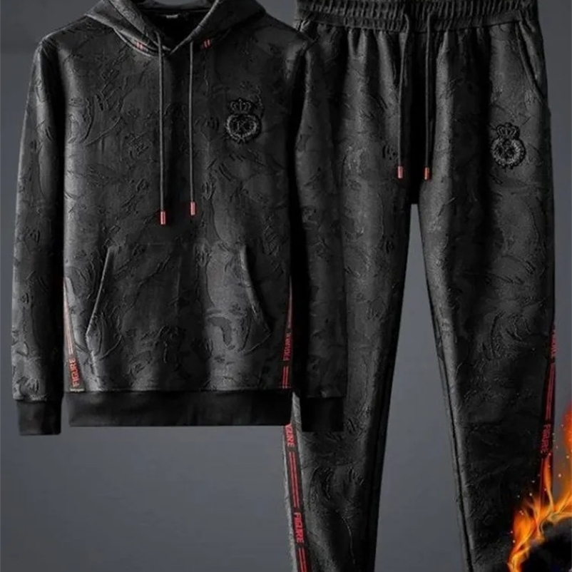 Mens Winter Thick Fleece Liner Hooded Sweatshirt Pants Two Piece Running Set Warm Outdoor Jogging Tracksuit Gym Fitness Sets 5XL 240530