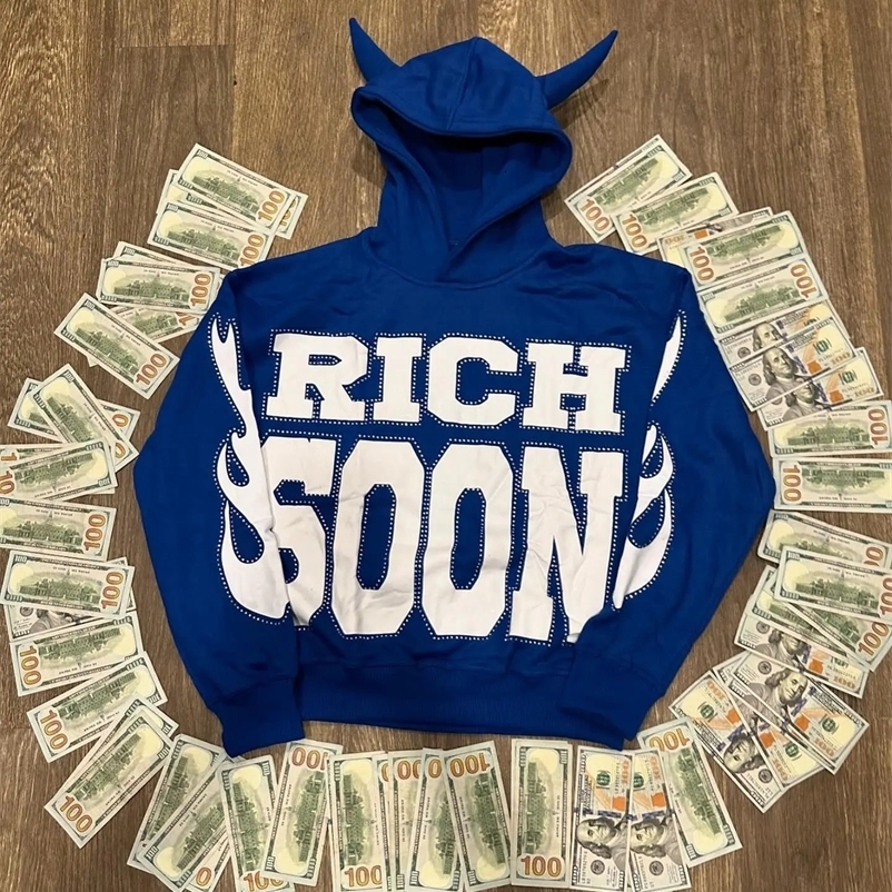 Harajuku RICH SOON Letter Printed Hoodies for Men Gothic Personality Demon Loose Pullover Y2k Oversized Couple Street Sweatshirt 240912