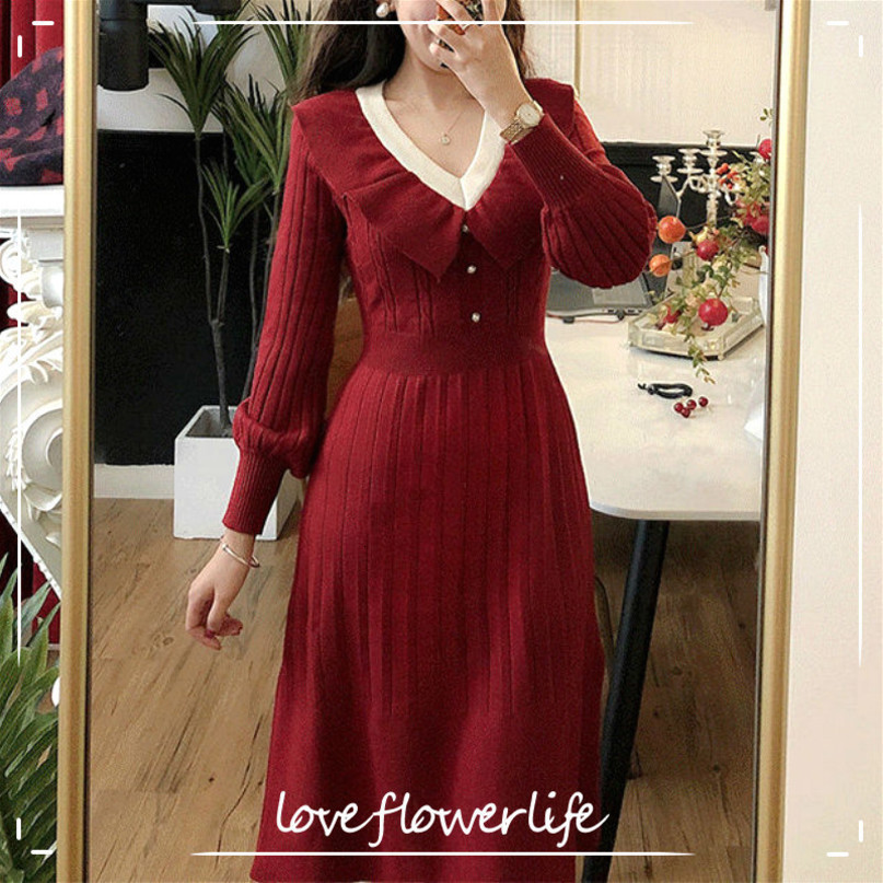 Winter Retro Knitted Dress Women Sweet V-Neck Midi Sweater Dress Female Long Sleeve French Elegant Dress Korean 210521