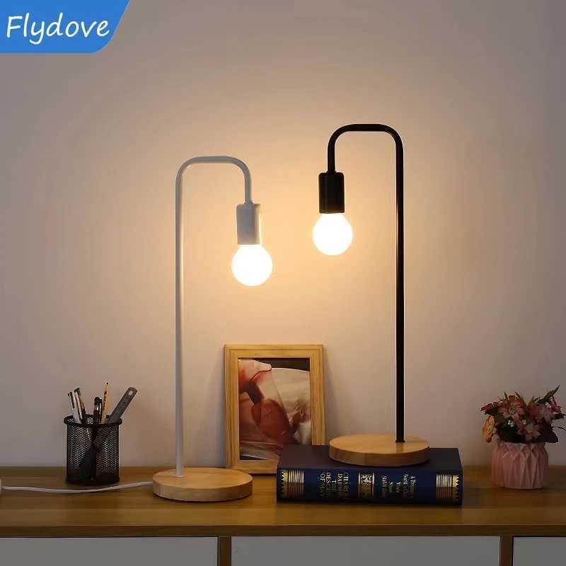 Nordic E27 LED Wooden Desk Lamp Vintage Black White Creative Iron Rod Countryside Wooden Table Lamps Bedside Reading Lighting C251115